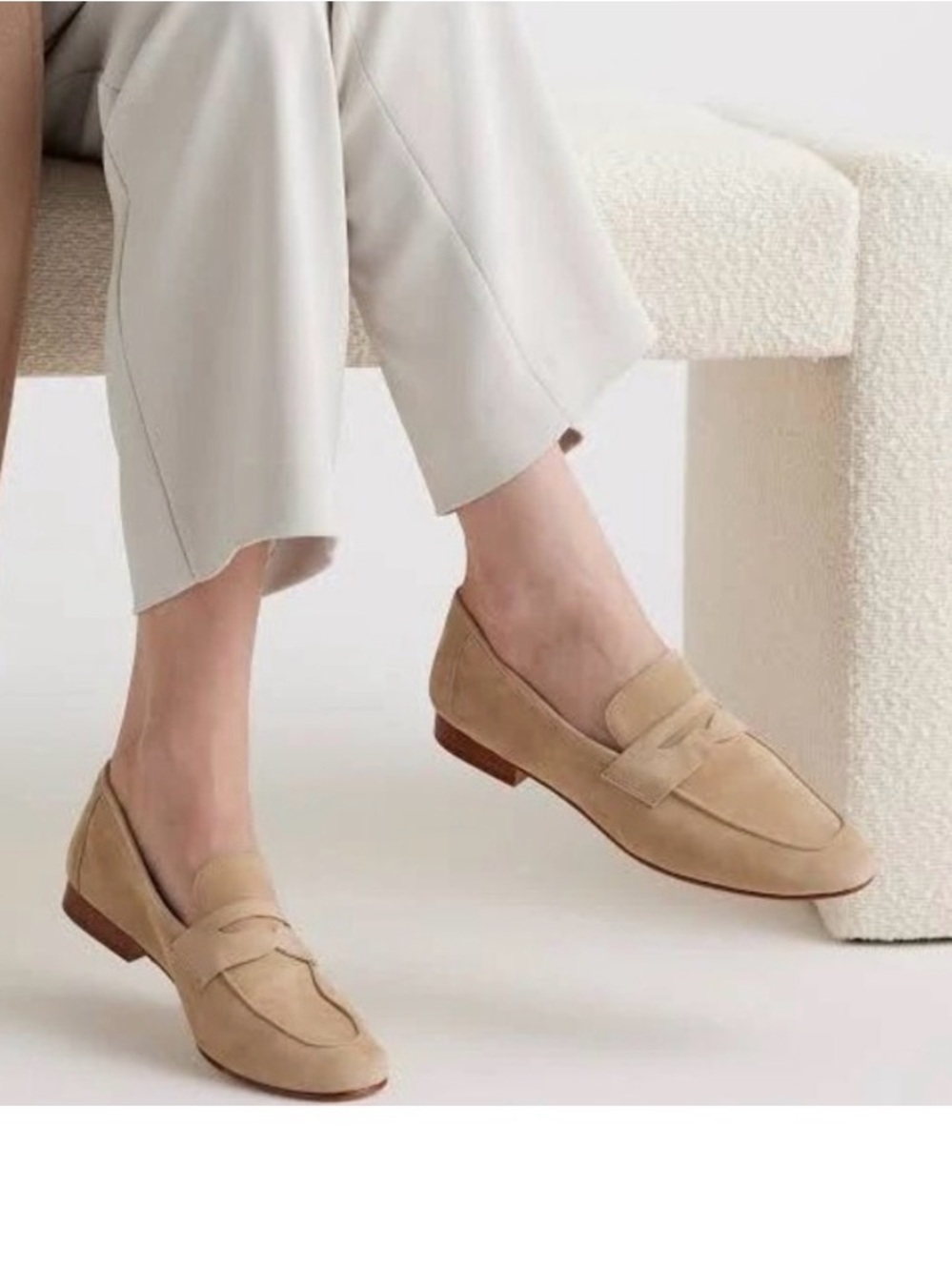 Quince Suede Penny Loafer Slip On Almond Toe Beige Ivory Women size 5.5